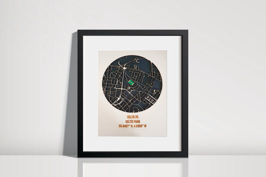 Celtic FC - Celtic Park Map - Wood Cut Map of Glasgow Celtic FC Football Stadium