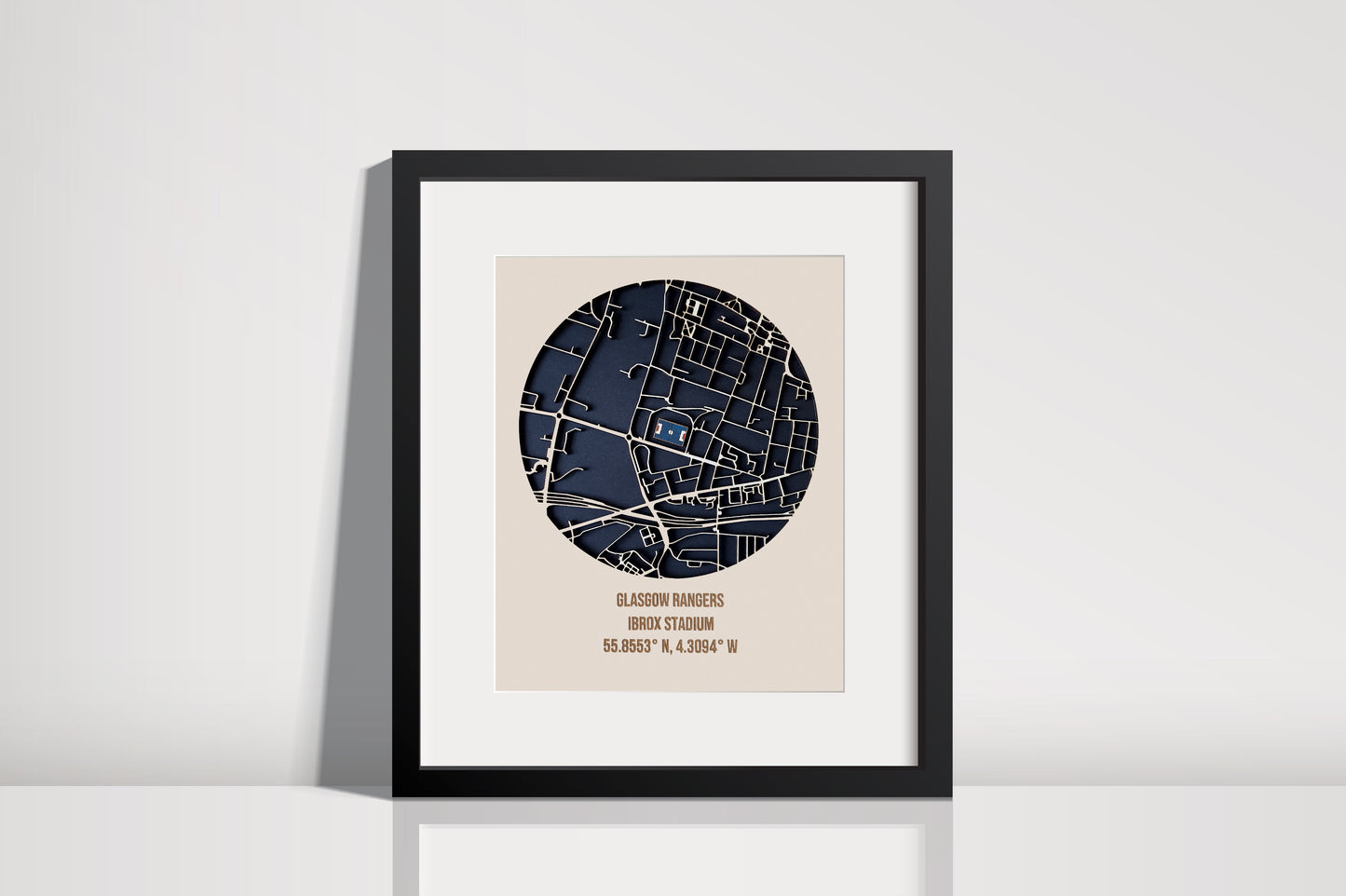 Glasgow Rangers FC – Ibrox Map – Wood Cut Map of Ibrox Football Stadium